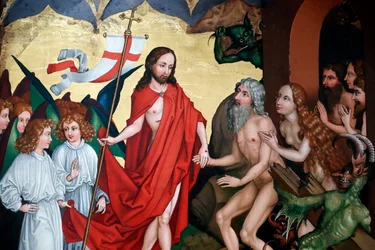 Jesus drar Adam och Eva ur deras gravar vid uppståndelsen